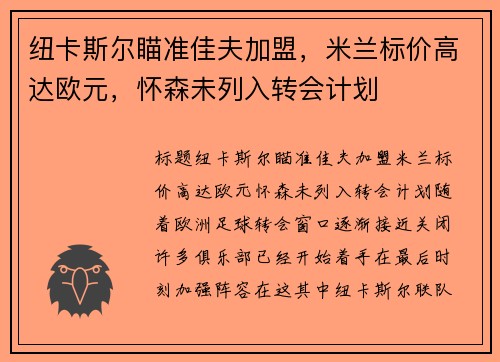 纽卡斯尔瞄准佳夫加盟，米兰标价高达欧元，怀森未列入转会计划