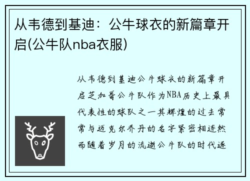 从韦德到基迪：公牛球衣的新篇章开启(公牛队nba衣服)