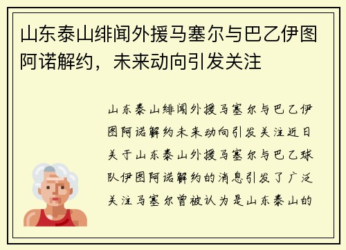 山东泰山绯闻外援马塞尔与巴乙伊图阿诺解约，未来动向引发关注