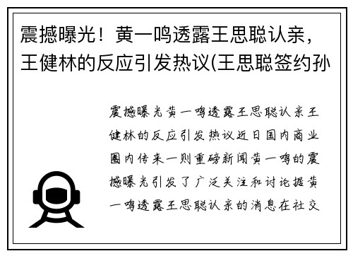 震撼曝光！黄一鸣透露王思聪认亲，王健林的反应引发热议(王思聪签约孙一鸣)
