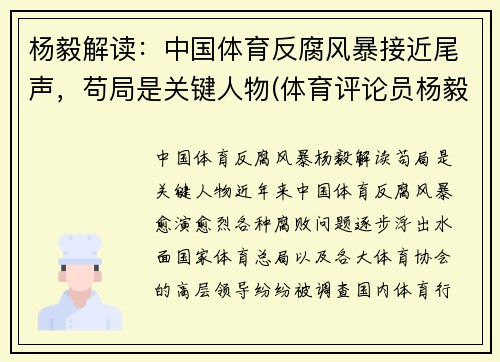 杨毅解读：中国体育反腐风暴接近尾声，苟局是关键人物(体育评论员杨毅哪里人)