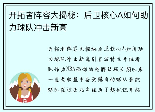 开拓者阵容大揭秘：后卫核心A如何助力球队冲击新高