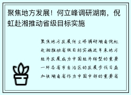 聚焦地方发展！何立峰调研湖南，倪虹赴湘推动省级目标实施