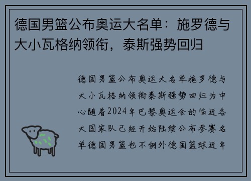 德国男篮公布奥运大名单：施罗德与大小瓦格纳领衔，泰斯强势回归