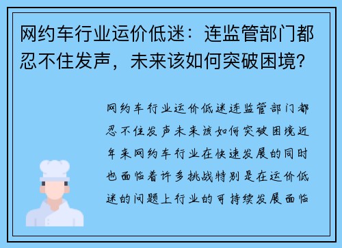 网约车行业运价低迷：连监管部门都忍不住发声，未来该如何突破困境？